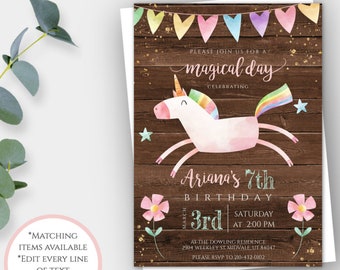Rustic Unicorn Invitation Template, Unicorn Birthday, Unicorn Party Invite, Magical Unicorn Invitation, Rainbow Unicorn Gold Glitter, RUBP