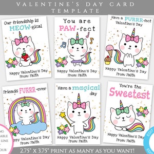 Kitty-Mais Magische Valentinstag Kartenvorlage, Katze Valentinstag Karten für Kinder Klassenzimmer, Einhorn Valentine, Bearbeitbar personalisierte Valentine