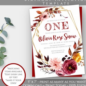 Fall First Birthday Invitation Template, Autumn 1st Birthday Invitation, Girls First Birthday Invite, DIY Editable Birthday Printable