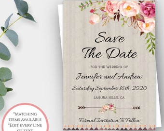 Bohemian Save The Date Template, Floral Boho DIY Save The Date Card, Instant Download Save the Date Invite, Engagement Template, WBRB