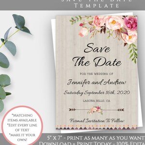 Bohemian Save The Date Template, Floral Boho DIY Save The Date Card, Instant Download Save the Date Invite, Engagement Template, WBRB image 1