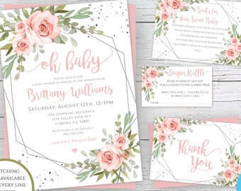Op de afbeelding: Een roze en groene baby shower uitnodigingsset met een geometrisch frame. De uitnodiging bevat de tekst "oh baby", "Brittany Williams", "Zaterdag 12 augustus, 12-15 uur", "The Downing Residence", "1234 Valley View Ave", "Corona, CA 92881", "RSVP to Belly by August 1", "Upgraded Aroma & Taste". De set bevat ook kaarten voor "Books for our Sweet Baby" en "Diaper Raffle".
