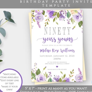 90th Birthday Invite, Ninety Years Young Woman&#39;s Birthday Invite, Editable Template, Edit the Age, Adult Birthday Party Invitation BPP90