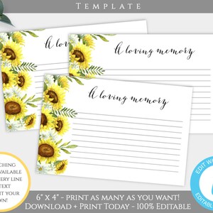 Modèle de souvenir funéraire de tournesol, carte mémoire aimante, carte funéraire imprimable, partager une carte mémoire, carte commémorative modifiable DIY, SFB