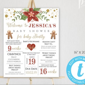 Plantilla de tablero de estadísticas de embarazo de Navidad, cartel de recuerdo de embarazo, tablero de hitos del embarazo, regalo de embarazo, signo de baby shower de invierno