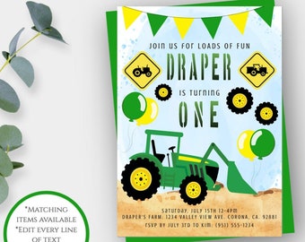 Tractor Birthday Invitation Template, Deere Birthday, Farm Party Invite for Boy, Green Tractor Theme Invite, Printable Invitation, Editable