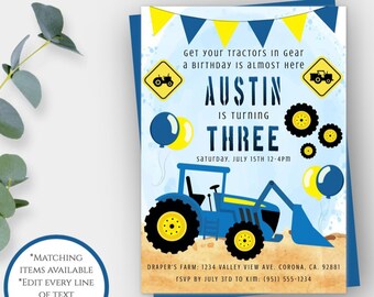 Tractor Birthday Invitation Template, Deere Birthday, Farm Party Invite for Boy, Blue Tractor Theme Invite, Printable Invitation, Editable