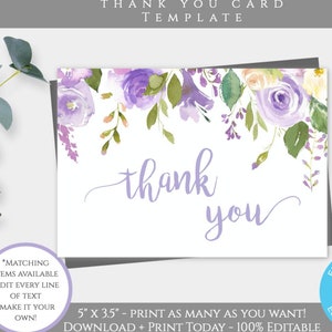Purple Floral Thank You Note Template, Lavender Printable Thank You Card, DIY Editable Template, Bridal Shower, Baby Shower, Birthday PTBS