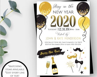 Ring in the New Year, New Year's Eve Party Invitation, 2020 Black and Gold Printable Template, Gold & Black Invite, Party Gold Confetti