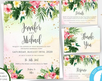 Tropical Wedding Invitation Template Set, Island Wedding Invitation, Printable Beach Wedding Invitation, Editable Destination Wedding, TWBI