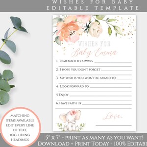 Wishes for Baby Template Card, Elephant Baby Shower, Girl Baby Shower Baby Elephant Shower Printable Baby Girl Shower Personalized Baby BSPE