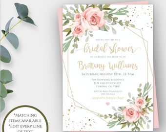 May include: A printable bridal shower invitation template with a pink and green floral design, gold geometric frame, and gold glitter. The text reads "You're invited to a bridal shower to celebrate the bride-to-be Brittany Williams. Saturday, August 12th, 12-3pm. The Downing Residence 1234 Valley View Ave Corona, CA 92881. RSVP to Kelly by August 1 951-555-1234.  #Taget. 5" x 7" - Print as many as you want! Download + Print Today - 100% Editable. Edit with Templett. Editable Template."