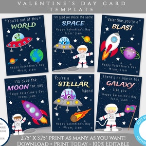 Ruimte Valentijn kaartsjabloon, Outer Space Valentines kaarten voor kinderen klaslokaal, bewerkbare Valentijn, gepersonaliseerde Valentijn, buitenaardse Valentijn