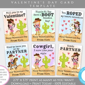 Cowgirl Valentines Day Card Template, Western Valentines Cards for Kids Classroom, Editable Valentine Template, Girl Personalized Valentine