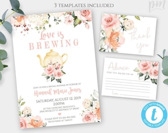 Peach Floral Love is Brewing Bridal Shower Invitation Template Set, Tea Party Invitation, Edit + Print Your Invite, Advice + Thank You WSB2