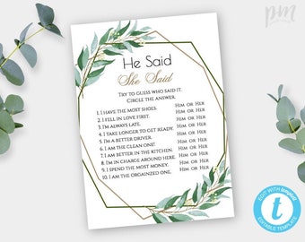 Greenery He Said She Said Game Template, Printable Geometric Bridal Shower Game, Edit and Print Yourself, Instant Download, WSGG