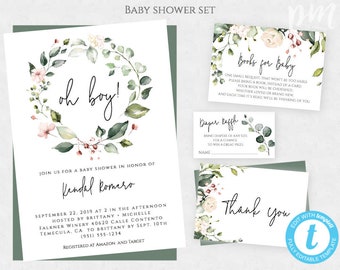 Oh Boy Baby Shower Invitation Template, Greenery Baby Shower Printable Invitation, Watercolor Botanical DIY Editable Invite Set, BSGF