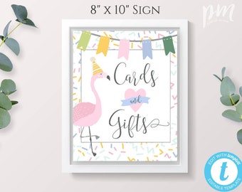 Flamingle Birthday Cards and Gifts Sign Template, Gifts + Cards Birthday Sign, Editable Flamingo Sign, Birthday Party Decor, Gift Table BPF2