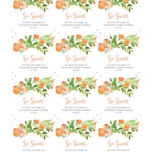 May include: Nine peach-colored favor tags with green leaves and white flowers. The tags say "So Sweet" and "Of you to come to Courtney's Baby Shower 11.3.21".