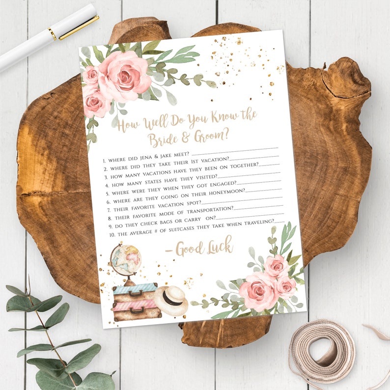 Traveling From Miss to Mrs How Well Do You Know The Bride and Groom Game Template, Editable Pink Floral Bridal Shower Game, Suitcase, TBSP image 1