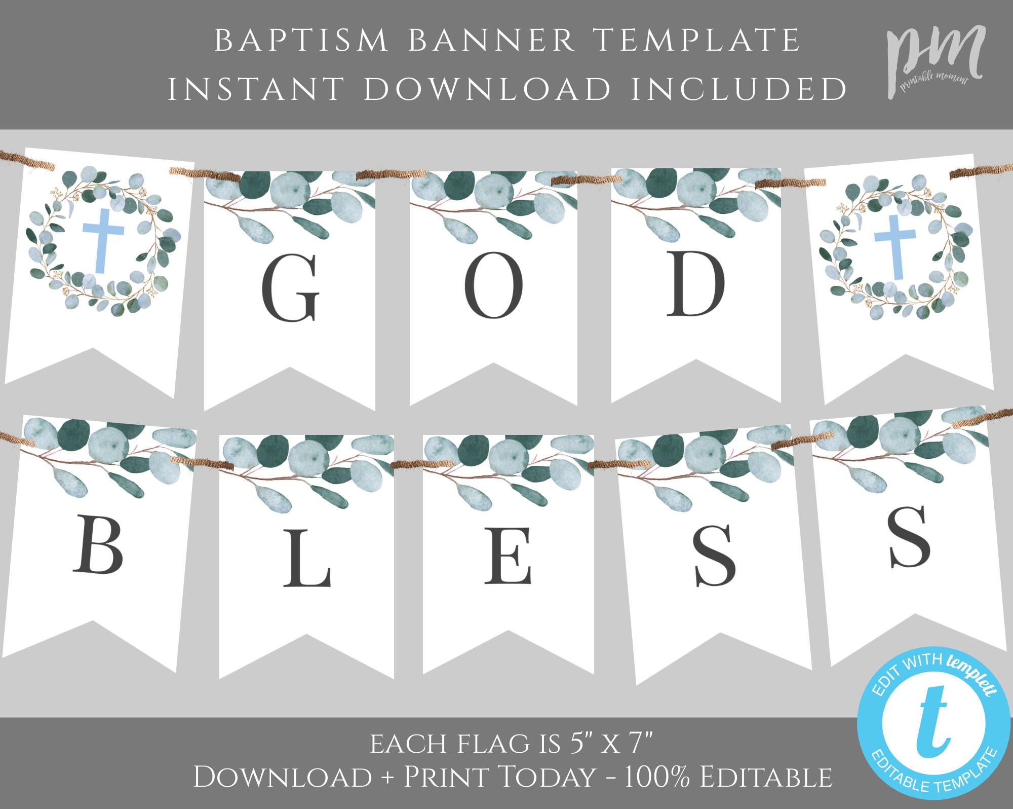 Greenery Baptism Flag Banner, Baptism Bunting Flag Template Editable Baby  Boy Bunting Banner Printable Edit + Print Yourself, Add Name, BAP4 Throughout Christening Banner Template Free