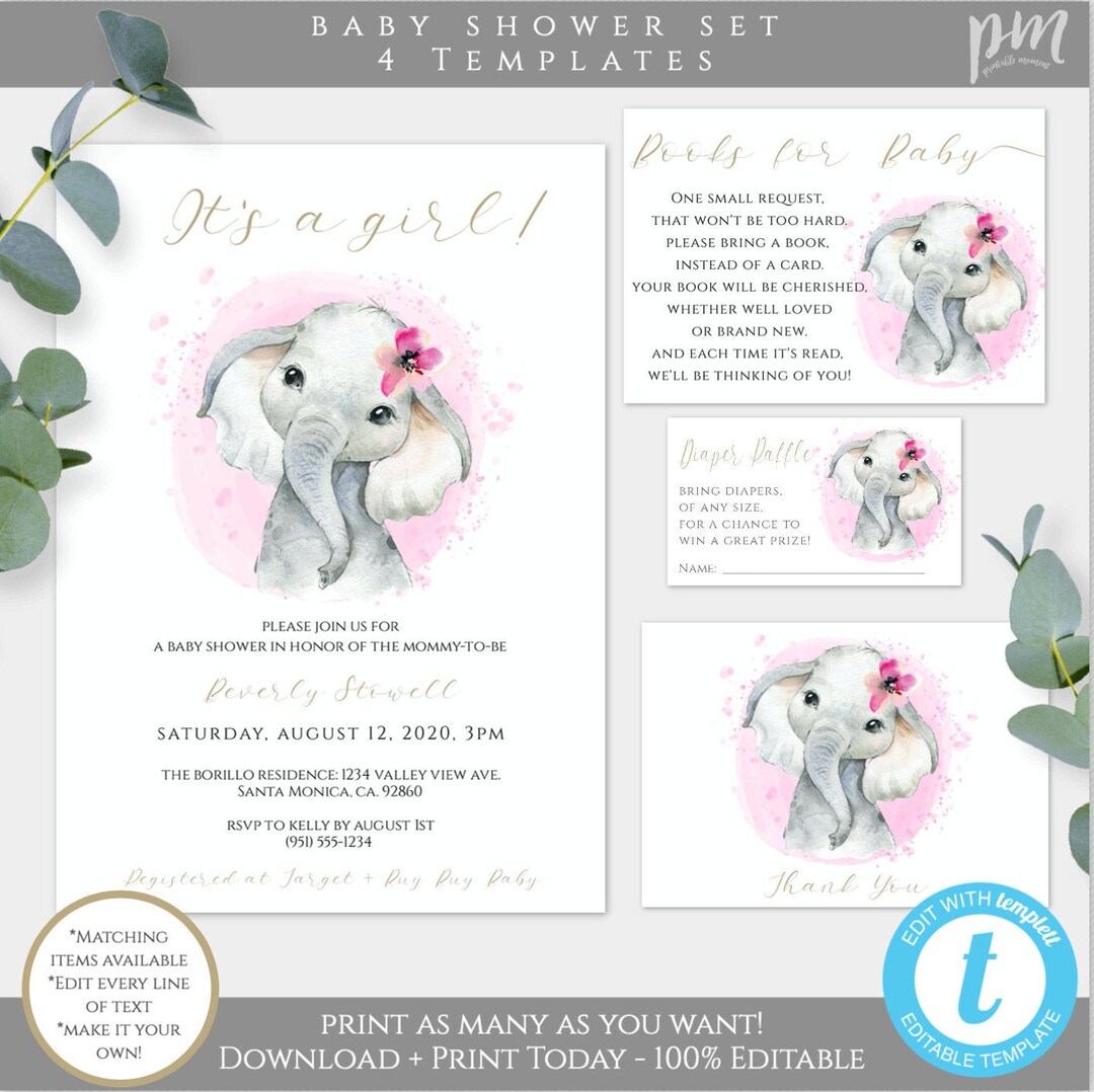 Elephant Baby Shower Invitation Template Set, It's a Girl, Editable ...
