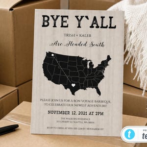 Bye Y'all Going Away Party Invitation for Moving Down South With Map and Location Markers