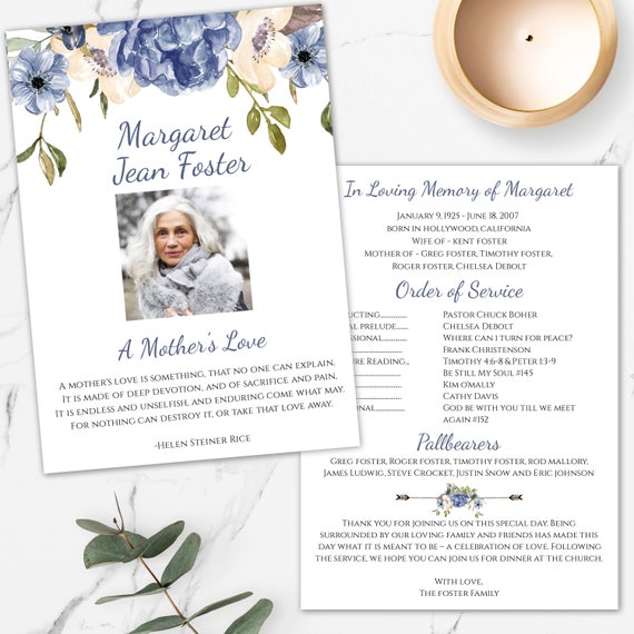 Blue Floral Funeral Program, Funeral Template, Downloadable, In Loving Memory, Printable Funeral, Editable Celebration of Life Template BFF3