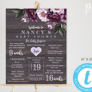 Plantilla de tablero de estadísticas de embarazo rústico floral púrpura, cartel de recuerdo de embarazo, tablero de hitos del embarazo, regalo de embarazo, signo de baby shower