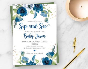 Sip and See Invitation Template for Boy Baby Shower, Blue Floral Meet and Greet Invite, Meet the Baby Invite, Sip and See Party, It's a Boy