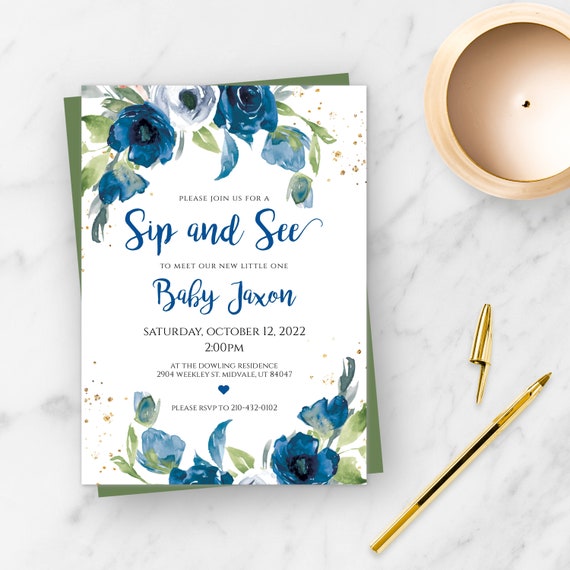 Sip and See Invitation Template for Boy Baby Shower, Blue Floral Meet and Greet Invite, Meet the Baby Invite, Sip and See Party, It's a Boy