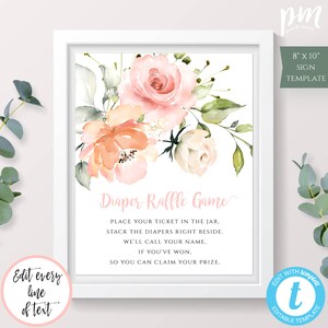 Peach Floral Diaper Raffle Sign Template, DIY Editable Template, Printable Girl Baby Shower, Diaper Game Sign, Table Sign, Shower Sign, BSP2