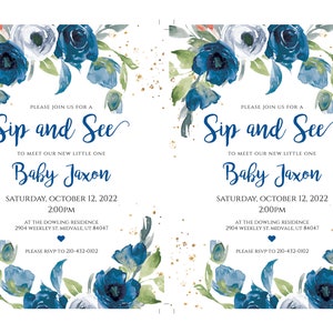 May include: A blue and white floral design baby shower invitation with gold glitter accents. The invitation reads "Sip and See" to meet our new little one, "Baby Jaxon", Saturday, October 12, 2022, 2:00 PM at the Dowling Residence, 2904 Weekley St. Midvale, UT 84047. Please RSVP to 210-432-0102.