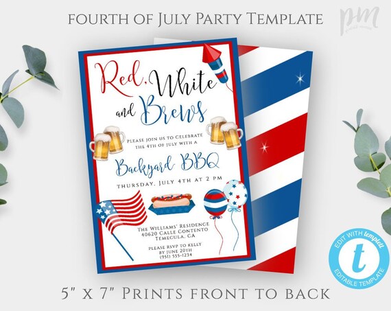 Red White and Brews Back Yard BBQ Invitation Template, Fourth of July Invite, July 4th BBQ, 4th of July Party, Editable Template, Printable