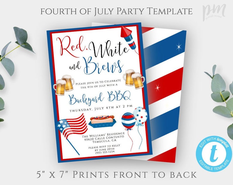 Pu&ograve; includere: Un invito stampabile di 12,7x17,8 cm per un barbecue in giardino del 4 luglio. L'invito presenta una bandiera americana rossa, bianca e blu, fuochi d'artificio, boccali di birra e hot dog. Il testo sull'invito recita "Red, White, and Brews" e "Backyard BBQ".