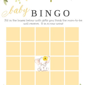 Elephant Baby Shower Bingo Game Template, Baby Shower Game, Yellow Girl ...