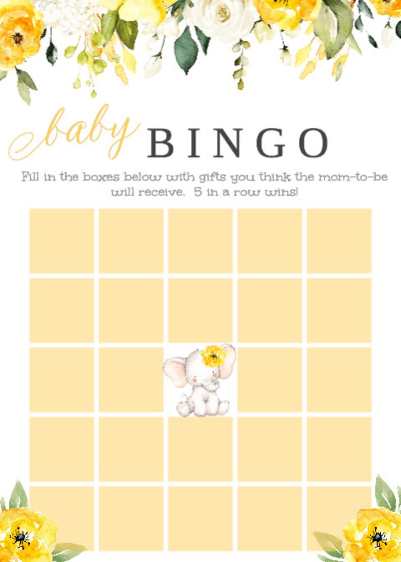 Elephant Baby Shower Bingo Game Template Baby Shower Game Etsy