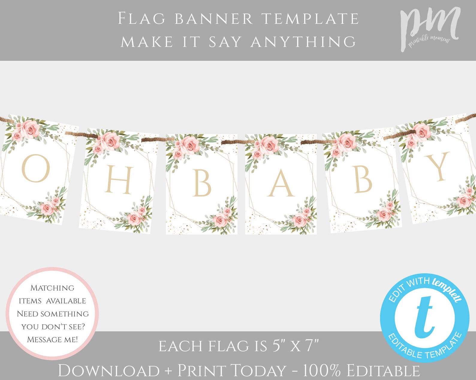 Pink Floral Oh Baby Banner Template Editable Gold Geometric - Etsy