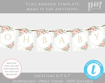 Pink Floral Oh Baby Banner Template, Editable Gold Geometric Baby Shower Party Decor, Blush Pink Watercolor Flowers, Baby Shower Banner BSBG