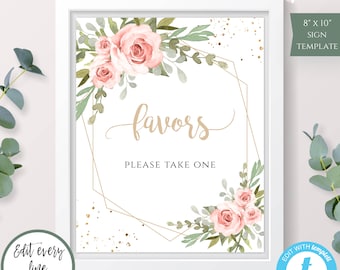 Blush Floral Favors Sign Template, Gold Geometric Baby Shower Decor, DIY Editable, Download, Print, Templett, Instant Download, BSBG