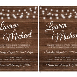 May include: Rustic wedding invitation featuring the names "Lauren & Michael" in elegant script. The invitation includes details for the ceremony on August 12, 2017, at 6 pm, set against a wood-grain background with string lights.
