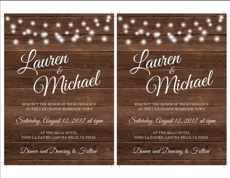 May include: Rustic wedding invitation featuring the names "Lauren & Michael" in elegant script. The invitation includes details for the ceremony on August 12, 2017, at 6 pm, set against a wood-grain background with string lights.