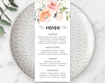 Peach + Blush Pink Wedding Menu Template, Printable Watercolor Wedding Menu Card, DIY Editable Dinner Menu, Printable Reception Cards, WBPB
