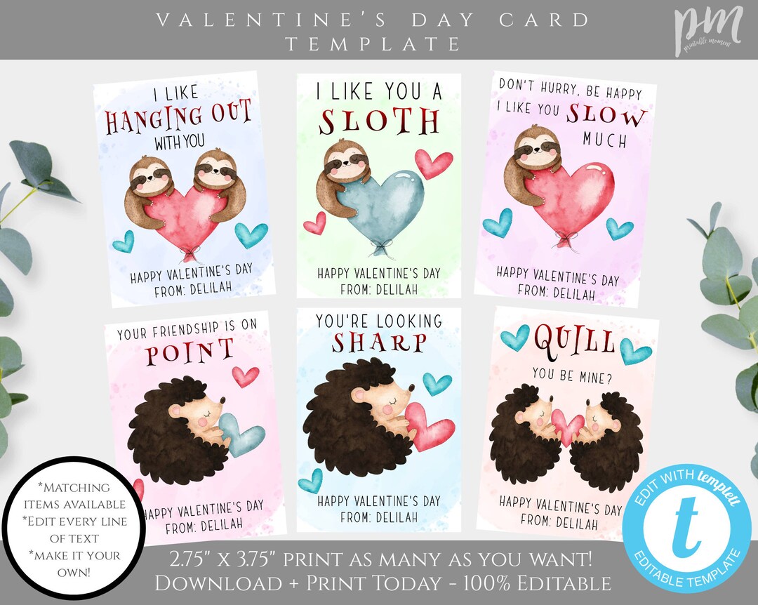 Sloth Valentine Card Template, Hedgehog Valentines Cards for Kids ...