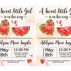 May include: Baby shower invitation with the text "A Sweet Little Girl is on her way." Features watercolor watermelon slices and the name "Adilynn Marie Snyder." Includes date, time, and location details.
