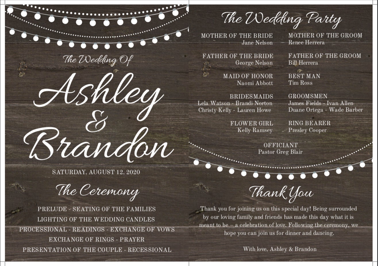 Rustic Wedding Program Fan Template With String Lights - Etsy