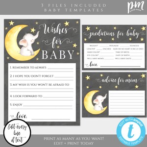 Elephant Baby Shower Keepsake Template Set, Wishes For Baby, Advice For Mommy, Predictions For Baby, Gender Neutral, Moon + Star Shower BSMS