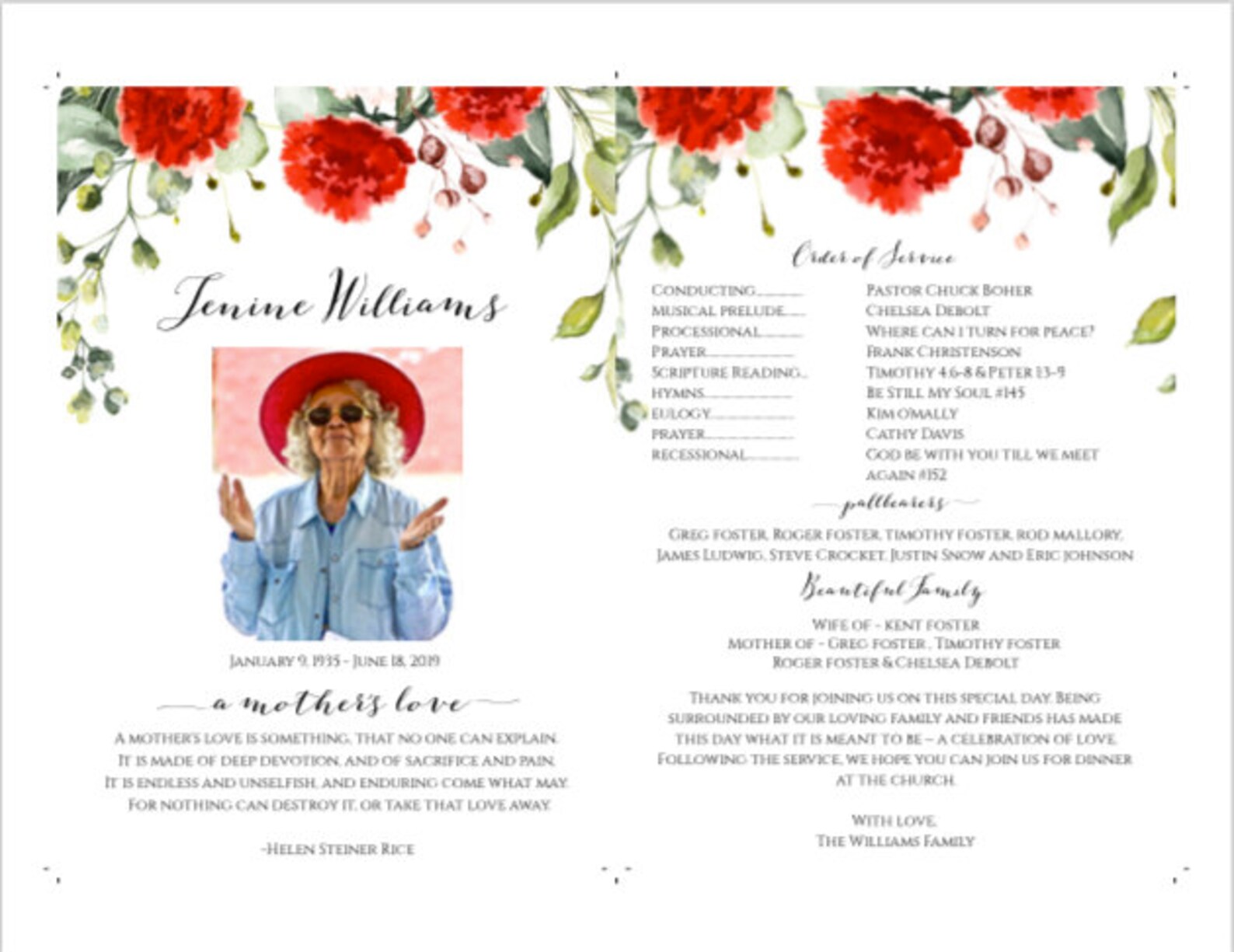 Red Floral Funeral Program Front & Back, Memorial Program, Memorial ...