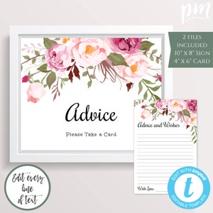Boho Floral Shower Advice Sign con modello di carta, consigli per i futuri genitori, stampabile fai da te + segno di auguri modificabile, segno di baby shower, BSBH