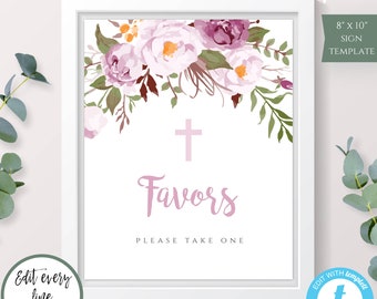 Favors Sign for Baby Girl's Baptism, DIY Editable Floral Boho Baby Shower Sign, DIY Printable Instant Download, Editable Template BAP6